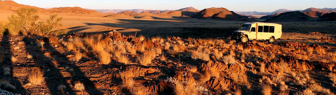 Namib desert landscape view in Kulala Wilderness Reserve showing desert savannah in the foreground with the distinctive red sand dunes of Sossusvle behind and a Wilderness Safaris vehicle parked in the middle right of the image