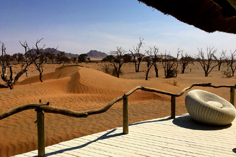 Views beyond Little Kulala Camp. Photo taken from a wooden decking with an outdoor cane seat on teh deck below a thatch roof and with a small red sand dune leading into the back of the photo towards a panoramic landscape view of the Namib desert beyond a line of fossilised trees.