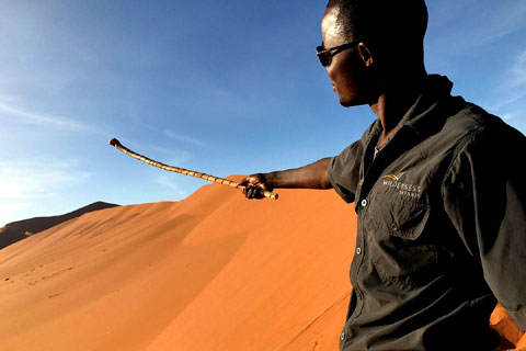 Wilderness Safaris guide pointing out towards Sossusvlei on a Kulala Desert Lodge excursion.